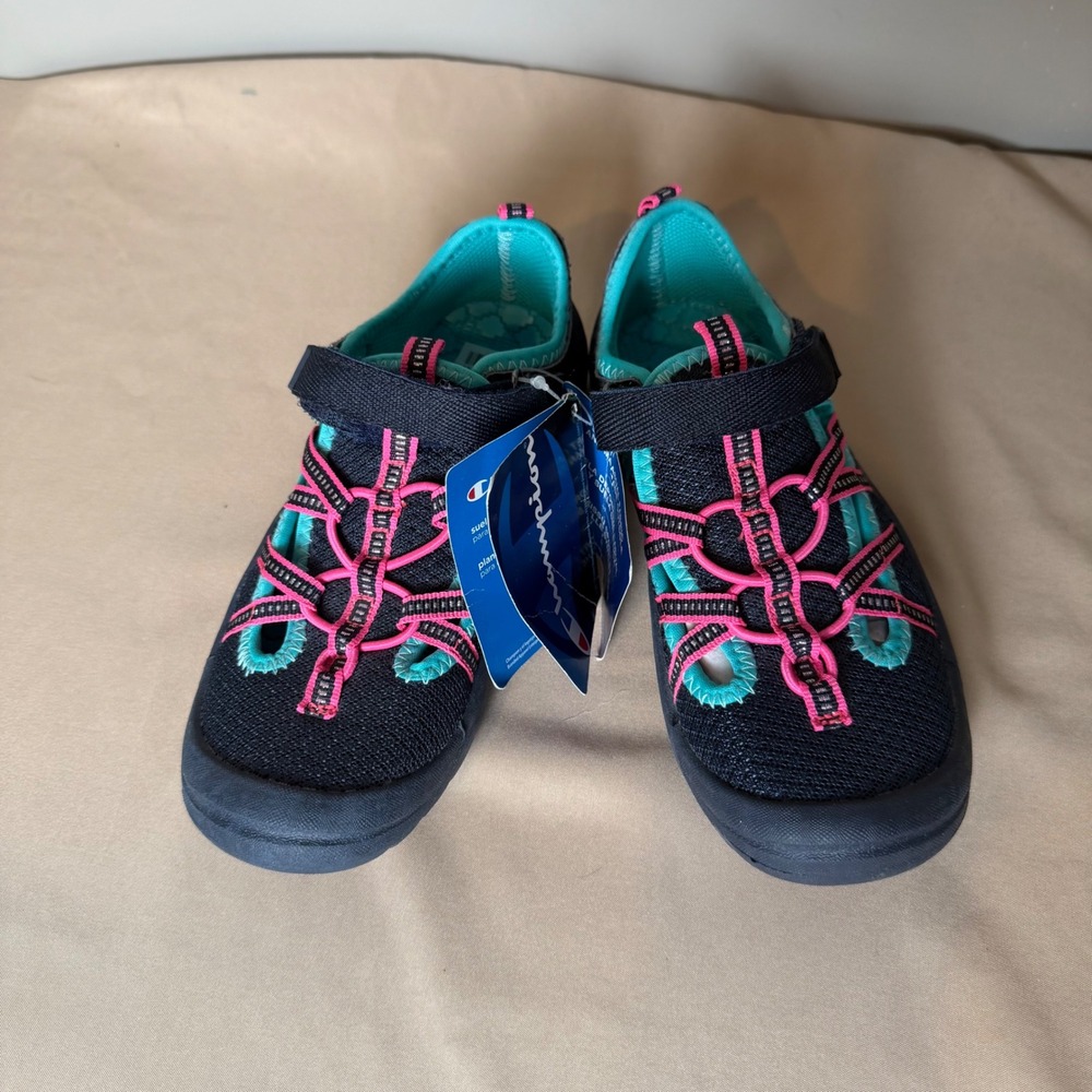 Champion Kids Black Pink Teal Water Shoes Mesh Bungee Strap Size 13.5 Youth